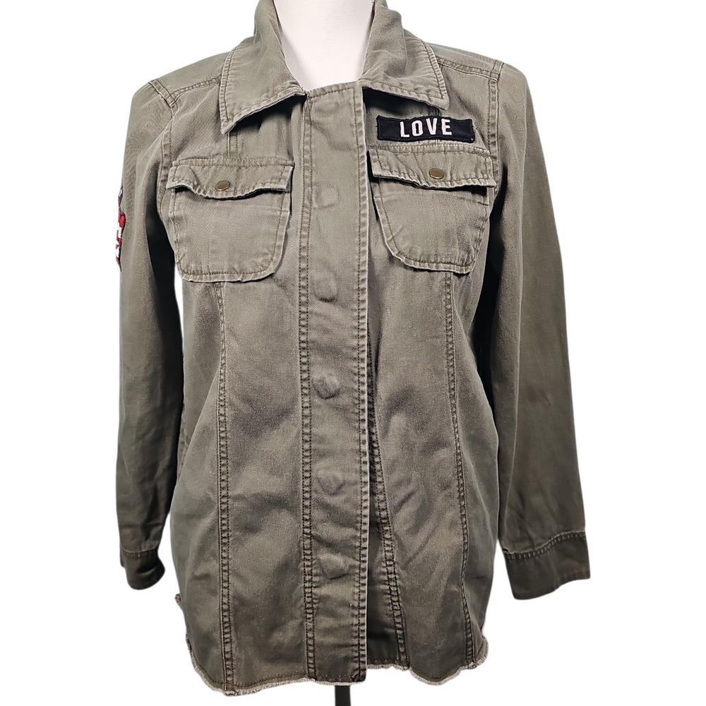 Junk Food Utility Jacket Beatles Peace Sign Love Patch Olive Green Women Size S